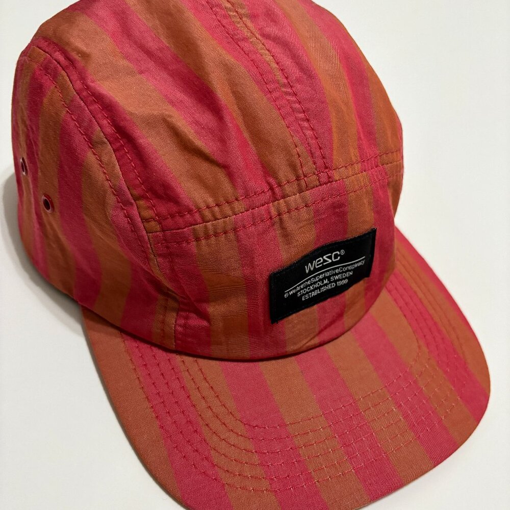 WESC 5 Panel Adjustable Hat Lightweight Striped Muted Orange Coral Cotton Sweden